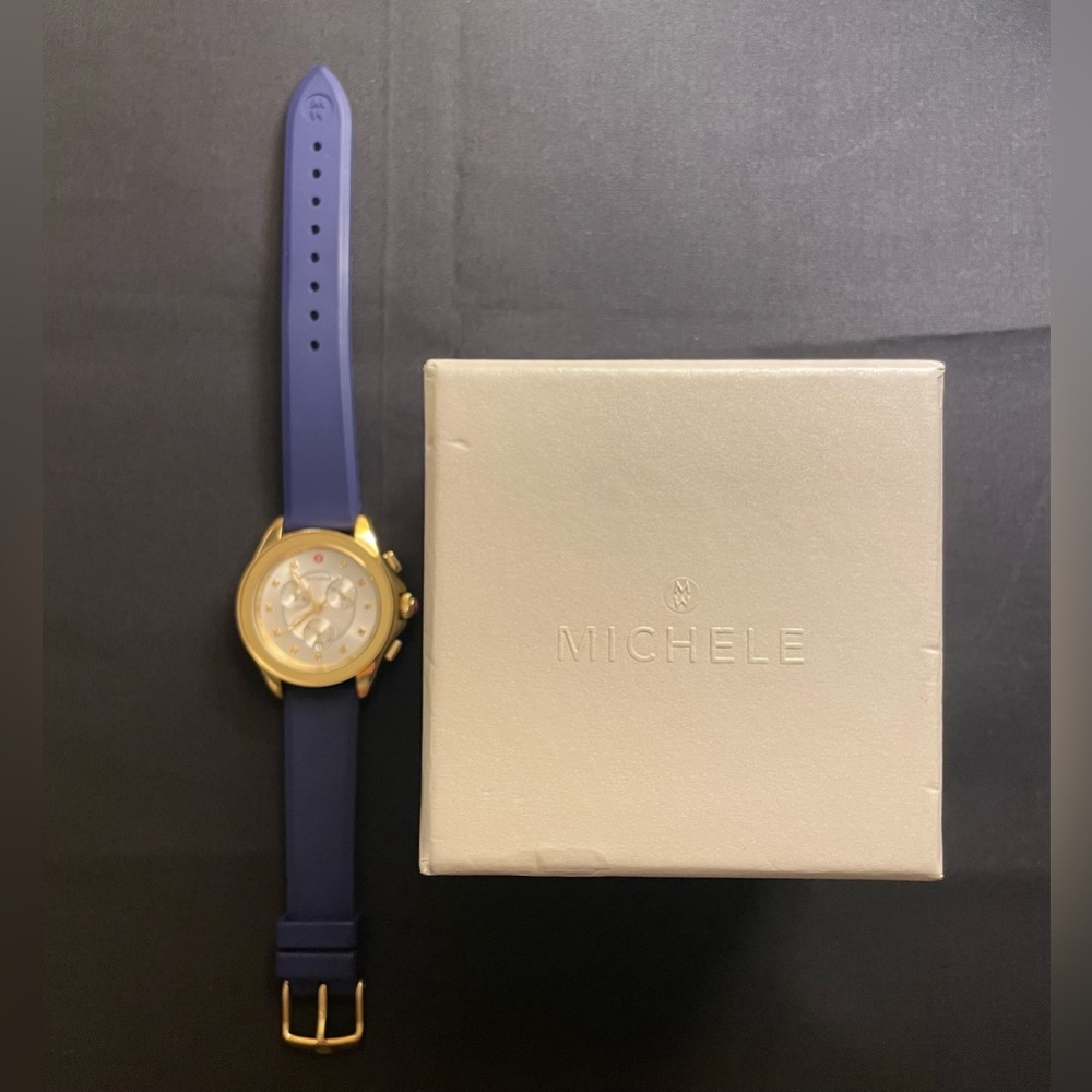 Michele Women’s Cape Gold Topaz Dial Navy Chronograph Watch